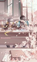 Rule 34 | 2boys, ahoge, antenna hair, artist name, black coat, black gloves, black hair, black shirt, blurry, blurry background, blurry foreground, blush, book, book stack, branch, caelus (honkai: star rail), cherry blossoms, classroom, closed mouth, coat, collarbone, commentary request, dan heng (honkai: star rail), dan heng (hunt) (honkai: star rail), earrings, elbow rest, eyeliner, falling petals, fingerless gloves, flower, gaber473159611, gloves, green eyes, grey hair, grin, hair between eyes, hand up, head rest, highres, holding, holding scissors, honkai: star rail, honkai (series), hood, hood down, hooded coat, indoors, jewelry, light particles, long sleeves, looking at another, looking to the side, makeup, male focus, mechanical pencil, multiple boys, open book, open clothes, open coat, origami bird (honkai: star rail), paper, pencil, petals, picture frame, pink flower, red eyeliner, ribbon, ruler, scissors, shirt, short hair, single glove, sitting, smile, table, teeth, trailblazer (honkai: star rail), twitter username, white coat, white shirt, window, yellow eyes, yellow ribbon
