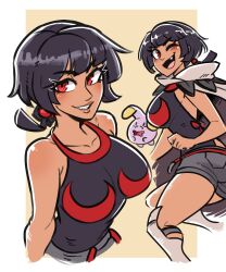 1girl absurdres ass breasts cape collarbone creatures_(company) dark-skinned_female dark_skin fang game_freak gen_3_pokemon grey_cape grey_shorts highres large_breasts looking_at_viewer multiple_views nintendo one_eye_closed pokemon pokemon_(creature) pokemon_oras red_eyes scruffyturtles shorts whismur zinnia_(pokemon)