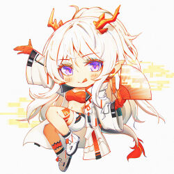 1girl :q arknights bandeau beads blush chibi chibi_only chinese_commentary closed_mouth coat colored_extremities commentary crop_top dragon_girl dragon_horns dragon_tail earrings full_body grey_background hair_between_eyes hand_fan highres holding holding_fan horns jewelry kei_kei_(854174652) long_hair long_sleeves looking_at_viewer midriff multicolored_hair navel nian_(arknights) no_nose open_clothes open_coat outstretched_arm pointy_ears purple_eyes red_bandeau red_hair shoes shorts solo streaked_hair tail tongue tongue_out white_coat white_hair white_shoes white_shorts wide_sleeves