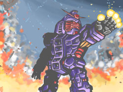 beam_cannon building burning chest_cannon chibi commentary_request debris destruction energy energy_gun faceplate finger_cannon firing gundam gundam_gquuuuuux highres machinery mecha mecha_focus mobile_suit mukago no_humans partial_commentary psyco_gundam reactive_armor red_visor robot ruins science_fiction signature sketch smoke solo v-fin weapon