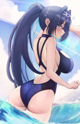 1girl ass backless_swimsuit blue_eyes blue_one-piece_swimsuit blush breasts chestnut_mouth clenched_hand cowboy_shot from_behind hair_intakes head_chain highleg highleg_one-piece_swimsuit highres hololive hololive_english jewelry large_breasts long_hair looking_at_viewer mofu07519 one-piece_swimsuit ouro_kronii ouro_kronii_(holonatsu_paradise) outdoors ponytail solo swimsuit thigh_gap very_long_hair virtual_youtuber waving wet