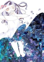 Rule 34 | 1girl, 922pochan, abstract, arm up, bare arms, bare shoulders, blue dress, blue streaks, blush, commentary, covering one eye, cropped legs, dress, gradient eyes, hair ribbon, hand up, highres, long hair, looking at viewer, masking tape (medium), mixed media, multicolored eyes, multicolored hair, original, pink eyes, pink ribbon, purple streaks, ribbon, sleeveless, sleeveless dress, solo, star (sky), star (symbol), streaked hair, sundress, thighs, traditional media, two-sided dress, two-sided fabric, unconventional media, white background, white dress, white streaks