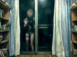 2girls against_glass blonde_hair book bookshelf clothing_cutout curtains fate/grand_order fate_(series) glass_door hair_over_face hand_on_glass holding holding_phone horror_(theme) kneehighs leaf mash_kyrielight mash_kyrielight_(demi-servant) multiple_girls navel_cutout night phone railing reflection single_kneehigh single_sock sitting sleeveless sliding_doors socks standing t0da thigh_strap wariza wooden_floor