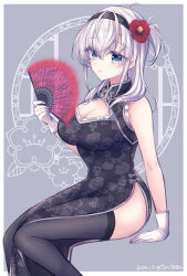 1girl alternate_costume black_dress black_headband black_thighhighs blue_eyes blush breasts china_dress chinese_clothes cleavage dress flower folding_fan gloves gradient_background grey_background grey_eyes grey_hair hair_between_eyes hair_flower hair_ornament hand_fan headband highres kabocha_torute kantai_collection long_hair looking_at_viewer medium_breasts sitting smile solo suzutsuki_(kancolle) thighhighs white_gloves