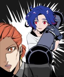 Rule 34 | 1boy, 1girl, blue hair, brown eyes, brown hair, ccabuster, colored inner hair, death note, earrings, gloves, gundam, gundam gquuuuuux, hair bun, holding, holding rocket launcher, holding weapon, i am l, jewelry, kycilia zabi, meme, multicolored hair, open mouth, parody, purple hair, red eyes, rocket launcher, scene reference, shirt, short hair, shuji ito, single hair bun, two-tone hair, updo, weapon, wide-eyed