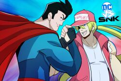 2boys cape crossover dc_comics fatal_fury handshake hat highres male_focus multiple_boys neloku red_hat snk superman superman_(series) terry_bogard the_king_of_fighters