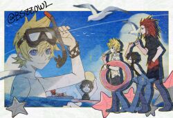 Rule 34 | 1girl, 2boys, adjusting eyewear, alternate costume, arm support, arm up, arms up, ball, barefoot, bird, black hair, black shirt, black shorts, blonde hair, blue eyes, blue sky, border, checkered clothes, chinese commentary, closed eyes, cloud, collared shirt, commentary request, day, eating, facing away, facing to the side, food, food in mouth, full body, goggles, goggles on head, grin, hair slicked back, hawaiian shirt, holding, holding ball, holding food, holding ice cream, ice cream, in water, innertube, keiichi fujimaru (bszzowl), kingdom hearts, kingdom hearts iii, lea (kingdom hearts), light smile, long hair, looking at viewer, lying, male focus, multiple boys, multiple views, on side, outdoors, red hair, roxas, seagull, shirt, short hair, short sleeves, shorts, sky, sleeveless, sleeveless shirt, smile, snorkel, spiked hair, starfish, swim ring, topless male, walking, white border, white shorts, wing collar, wristband, xion (kingdom hearts)