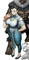 Rule 34 | 1boy, 1girl, akuma (street fighter), breasts, brown hair, capcom, chinese clothes, chun-li, cleavage, cleavage cutout, clothing cutout, desert, dress, earrings, eating, eyeshadow, food, glowing, glowing eyes, grey hair, highres, ice cream, jewelry, large breasts, makeup, muscular, muscular male, pants, red eyes, street fighter, tyawantyawan356, yoga pants