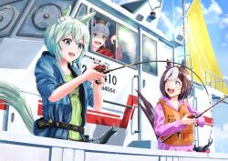 Rule 34 | 3girls, absurdres, animal ears, blue eyes, blue jacket, brown eyes, brown hair, fishing rod, green eyes, highres, horse ears, horse girl, jacket, multiple girls, outdoors, ship, short hair, special week (umamusume), umamusume, watercraft