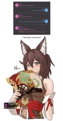 1girl :3 absurdres animal_ear_fluff animal_ears breasts covering_own_mouth fan fluffy fox_ears fox_girl green_eyes hair_between_eyes highres honkai:_star_rail honkai_(series) large_breasts long_hair looking_at_viewer ponytail sketch takie_arts text_focus tingyun_(honkai:_star_rail) white_background