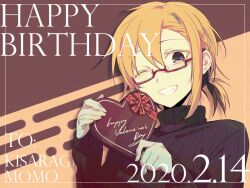 1girl :d aaniko alternate_costume bespectacled black_eyes black_sweater border box brown_background character_name colored_eyelashes commentary_request dated gift gift_box glasses hair_ornament hairclip happy_birthday happy_valentine heart-shaped_box holding holding_box holding_gift inset_border kagerou_project kisaragi_momo long_sleeves low_ponytail open_mouth orange_hair ponytail rectangular_eyewear red-framed_eyewear semi-rimless_eyewear short_hair smile solo sweater turtleneck two-tone_background under-rim_eyewear upper_body white_border yellow_background