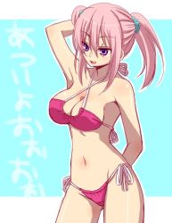 Rule 34 | 1girl, armpits, bad id, bad pixiv id, bikini, breasts, cleavage, criss-cross halter, female focus, halterneck, junrei (nyorori), large breasts, long hair, navel, nyorori, nyorori (tatsutaage), original, pink hair, purple eyes, red bikini, shiny skin, side-tie bikini bottom, smile, solo, swimsuit, twintails