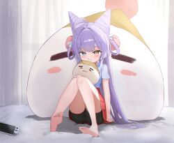 1girl ahoge bike_shorts blue_eyes blush cone_hair_bun gamble_0 hair_bun hair_ornament hair_rings heterochromia highres inari_(tenko_shibuki) pom_pom_(clothes) pom_pom_hair_ornament purple_hair stellive tenko_shibuki virtual_youtuber yellow_eyes