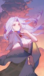 1girl absurdres blue_eyes blue_hair blue_sky blush closed_mouth cloud commentary_request dress ender_xiaohai evening eyelashes gradient_sky highres hood kumoi_ichirin long_hair long_sleeves looking_up orange_sky outdoors parted_bangs sky smile solo standing star_(sky) starry_sky touhou undefined_fantastic_object wide_sleeves wind wind_lift