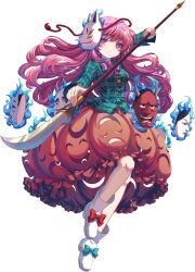 1girl :&lt; aqua_shirt blue_fire boots bow bowtie breasts buttons cross fire footwear_ribbon fox_mask game_cg hata_no_kokoro highres holding holding_polearm holding_weapon kumio long_hair mask noh_mask non-web_source oni_mask orange_skirt pink_eyes pink_hair plaid_clothes plaid_shirt polearm purple_bow purple_bowtie shirt skirt skirt_cutout solo star_(symbol) tachi-e touhou touhou_blooming_chaos triangle weapon white_boots