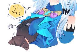 2girls anger_vein bare_shoulders black_gloves blue_hair brooch cerydra_(honkai:_star_rail) commentary gloves grabbing_another&#039;s_breast groping head_out_of_frame highres honkai:_star_rail honkai_(series) hysilens_(honkai:_star_rail) jewelry multiple_girls pic_p_p ring simple_background sleeveless spoken_anger_vein symbol-only_commentary white_background