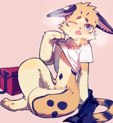 1boy black_fur borrowed_character bottomless brown_fur cheetah clothes_lift commission delivery fangs furry furry_male highres misoazi_konpota multicolored_fur one_eye_closed open_mouth pawpads picklez pizza_delivery shirt_lift simple_background skeb_commission spots steaming_body sweat unworn_clothes yellow_fur