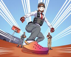 1girl 2boys absurdres balaclava basketball_hoop black_necktie brown_hair brown_pants bulletproof_vest commentary counter-strike_(series) counter-strike_2 crocs english_commentary full_body getaway_sally gloves green_eyes grey_pants grin highres hugo_(rushbordie) looking_at_viewer multiple_boys necktie number_k orange_gloves orange_necktie orange_shoes pants red_shirt shirt shoes short_hair slingshot_(cs2) smile socks standing sunglasses white_socks