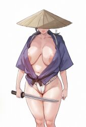 1girl areola_slip black_hair breasts cameltoe covered_eyes dzenrei_(dzenrei_art) female_pubic_hair fundoshi happi hat hat_over_eyes holding holding_sword holding_weapon japanese_clothes large_breasts lips long_hair mature_female navel obi open_happi original pubic_hair pubic_hair_peek purple_happi rice_hat sash solo standing sword weapon white_background