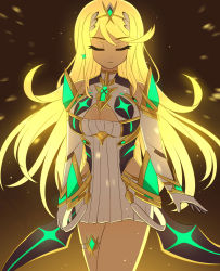 1girl bare_legs bare_shoulders blonde_hair breasts chest_jewel cleavage cleavage_cutout clothing_cutout dress earrings elbow_gloves enni gloves highres jewelry large_breasts long_hair mythra_(xenoblade) short_dress solo swept_bangs thigh_strap tiara very_long_hair white_dress white_gloves xenoblade_chronicles_(series) xenoblade_chronicles_2 yellow_eyes