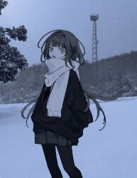 Rule 34 | 1girl, ahoge, black hair, black jacket, black pantyhose, black skirt, blunt bangs, grey eyes, hand in pocket, highres, jacket, long hair, long sleeves, open mouth, original, outdoors, pantyhose, photo background, radio tower, scarf, si (wooupp), side ahoge, skirt, snow, snowing, solo, standing, very long hair, white scarf, winter