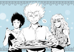 3boys ^_^ alcohol alternate_costume androgynous bishounen blue_background bottle bouquet cancer_death_mask capricorn_shura casual closed_eyes collared_shirt facing_viewer flower food greyscale grin holding holding_bottle holding_food holding_pizza holding_plate incoming_food light_smile long_sleeves looking_at_viewer male_focus mizuhara_aki monochrome multiple_boys parted_lips pisces_aphrodite pizza plate saint_seiya shirt short_hair smile solo_focus speech_bubble spiked_hair upper_body v-shaped_eyebrows wine wine_bottle