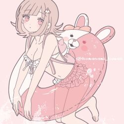 Rule 34 | 1girl, animal bag, bikini, breasts, brown hair, cat bag, cleavage, collarbone, danganronpa (series), danganronpa 2: goodbye despair, flipped hair, galaga, innertube, komanami kawaii, looking at viewer, medium hair, mole, mole on breast, monomi (danganronpa), nanami chiaki, pink bag, solo, spaceship hair ornament, swim ring, swimsuit, white bikini