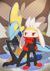 checkered_background closed_mouth commentary_request creatures_(company) eye_contact game_freak gen_8_pokemon hands_in_pockets highres inteleon kikuyoshi_(tracco) kneeling looking_at_another looking_back nintendo outline pokemon pokemon_(creature) raboot red_eyes signature smile standing yellow_eyes