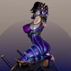 1girl 3d animated armor arms_behind_head arms_up ass barefoot bodysuit bound bound_arms breast_bondage breasts covered_erect_nipples feet huge_ass huge_breasts impossible_bodysuit impossible_clothes japanese_armor kneeling lips mask menpoo mouth_mask multiple_views nail_polish ninja_mask pear_force_one purple_bodysuit rope shiny_clothes simple_background soul_calibur tagme taki_(soulcalibur) thick_thighs thighs turnaround video