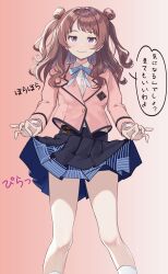 1girl absurdres black_overskirt blazer blue_ribbon blue_skirt blush brown_hair commentary_request feet_out_of_frame gakuen_idolmaster gradient_background hanami_saki hatsuboshi_gakuen_school_uniform highres idolmaster jacket long_hair looking_at_viewer neck_ribbon pink_jacket pleated_skirt ribbon school_uniform shirt simple_background skirt skirt_hold smile socks solo speech_bubble translation_request two_side_up white_shirt white_socks zaofeng