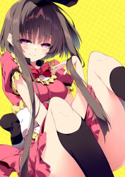1girl black_socks breasts brown_hair dress hat highres legs long_sidelocks looking_at_viewer medium_hair nishida_satono pink_dress purple_eyes ribbon sakurame short_sleeves sidelocks sitting small_breasts smile socks solo thighs touhou yellow_background