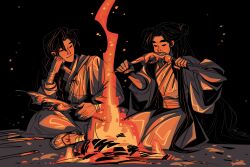 2boys absurdres arm_wrap black_background black_eyes black_hair bonfire braid chinese_clothes commentary eating embers english_commentary facial_mark fire fmd food forehead_mark hair_bun highres holding holding_skewer hua_cheng limited_palette long_hair long_sleeves looking_at_another male_focus meat monochrome multiple_boys night on_ground orange_light orange_theme parted_bangs robe san_lang side_braid single_hair_bun sitting skewer tianguan_cifu very_long_hair wide_sleeves xie_lian