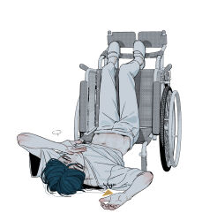 1boy absurdres clothes_lift commentary_request full_body hand_on_own_face highres legs_up lying maelo male_focus meguriya_ayumu navel on_back pants shirt shirt_lift shoes short_hair simple_background smile solo top-down_bottom-up toshi_densetsu_kaitai_center triangle_necklace upside-down white_background white_pants white_shirt white_shoes