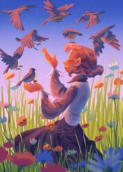 1girl alice_(alicenpai) bird bird_on_hand bluebird closed_eyes commentary english_commentary eyelashes flower flying freckles from_side grass kyokugen_dasshutsu kyokugen_dasshutsu_adv:_zennin_shibou_desu long_skirt long_sleeves luna_(kyokugen_dasshutsu) open_mouth shirt short_hair skirt smile star_(sky) teeth upper_teeth_only vest white_vest