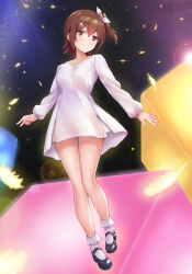 1girl absurdres black_shoes blush breasts brown_eyes brown_hair closed_mouth dress falling_feathers feathers full_body glint hair_ornament hair_ribbon hairclip highres idolmaster idolmaster_million_live! idolmaster_million_live!_(anime) kasuga_mirai koaya long_sleeves looking_at_viewer mary_janes one_side_up ribbon shoes short_dress smile socks solo standing white_dress white_ribbon white_socks