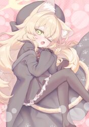 1girl ;o absurdres animal_ear_fluff animal_ears beret black_coat black_gloves black_hat black_pantyhose black_skirt blonde_hair blue_archive blush cat_ears cat_girl cat_tail coat commentary_request fang feet_out_of_frame fluffy_hair frilled_skirt frills from_above gloves green_eyes hair_between_eyes hair_intakes hair_spread_out halo hat highres kemonomimi_mode knees_together_feet_apart loli long_hair long_sleeves looking_at_viewer lying nekono_moni on_side one_eye_closed open_mouth pantyhose paw_print pink_background pleated_skirt polka_dot polka_dot_background professor_niyaniya_(blue_archive) simple_background skirt solo tail wide_sleeves yellow_halo