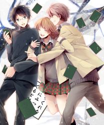 1girl 2boys ayase_chihaya black_hair blue_eyes blush bow brown_eyes brown_hair card chihayafuru closed_eyes glasses karuta_(card_game) mashima_taichi multiple_boys open_mouth s-kura school_uniform smile surprised uta-garuta wataya_arata