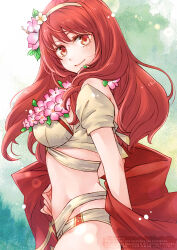 Rule 34 | 1girl, bikini, brown bikini, celica (fire emblem), celica (summer) (fire emblem), ebi puri (ebi-ebi), fire emblem, fire emblem echoes: shadows of valentia, fire emblem heroes, flower, flower necklace, from side, head wreath, jewelry, lei, long hair, looking at viewer, necklace, nintendo, official alternate costume, priestess, princess, red eyes, red hair, red sash, sash, smile, summer, swimsuit