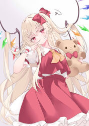 1girl blonde_hair blush breasts cowboy_shot crystal_wings flandre_scarlet holding holding_stuffed_toy long_hair medium_breasts pout red_eyes red_shirt red_skirt shirt simple_background skirt solo stuffed_animal stuffed_toy teddy_bear tosakaoil touhou white_background