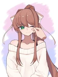 1girl absurdres bad_id bad_pixiv_id brown_hair disembodied_hand doki_doki_literature_club green_eyes hand_on_another&#039;s_face hattori_(omegamega1001) highres long_hair monika_(doki_doki_literature_club) one_eye_closed ponytail smile sweater white_sweater