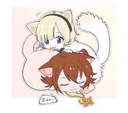 :p animal animalization black_hairband blonde_hair blue_eyes border brown_hair cat closed_eyes commentary_request commission hair_ornament hairband hairclip idolmaster idolmaster_million_live! idolmaster_starlit_season jewelry kasuga_mirai korean_commentary licking millcookie_pro necklace no_humans okuzora_kohaku outline pixiv_commission short_hair sleeping spoken_zzz tongue tongue_out white_border white_fur white_outline zzz