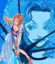 2girls arm_tattoo armlet borukeinosatie bruise bruise_on_face eyelashes holding holding_staff injury jewelry long_hair multiple_girls nami_(one_piece) one_piece paula_(one_piece) short_hair smile staff tattoo very_long_fingernails
