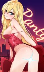 Rule 34 | 1girl, absurdres, ass, blonde hair, breasts, closed mouth, commentary, doroshe (sdpw8474), dress, highres, large breasts, long hair, panty &amp; stocking with garterbelt, panty (psg), red dress, solo