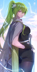 1girl absurdres amiki_(epic_seven) black_gloves black_pantyhose black_shorts breasts closed_mouth collar collared_jacket cowboy_shot electricity epic_seven eyes_visible_through_hair fingerless_gloves from_behind gloves gootai green_hair hair_between_eyes hair_ornament hand_on_own_hip highres holding holding_sword holding_weapon jacket jacket_on_shoulders large_breasts long_hair looking_at_viewer mole mole_under_eye pantyhose ponytail print_jacket purple_eyes short_shorts shorts solo sword weapon white_collar white_jacket