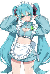 Rule 34 | 1girl, absurdres, apron, blue hair, blue jacket, blue nails, blush, breasts, cleavage, cleavage cutout, clothing cutout, commentary, cowboy shot, cropped jacket, double v, frilled apron, frills, green eyes, green skirt, hands up, hatsune miku, highres, jacket, jersey maid, long hair, long sleeves, looking at viewer, maid, maid headdress, maud0239, midriff, nail polish, navel, open mouth, simple background, skirt, solo, track jacket, twintails, unconventional maid, v, very long hair, vocaloid, waist apron, white apron, white background