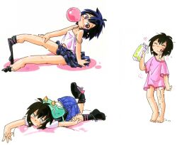 Rule 34 | 1girl, backpack, bag, bare legs, blowing bubbles, blush, breasts, brown eyes, happy, heart, highres, hoshino fuuta, leaning back, marvel, milk carton, multiple views, peni parker, perky breasts, seductive gaze, shirt, skirt, small breasts, socks, source request, spider-man: into the spider-verse, spider-man (series), spider-verse, traditional media