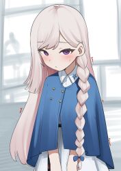 1girl absurdres bad_source blue_cloak braid cloak collared_dress daebom dress fidgeting girls&#039;_frontline hair_ribbon highres long_hair looking_at_viewer melanie_(girls&#039;_frontline_2) nervous pentagram pink_hair purple_eyes ribbon simple_background single_braid solo trembling upper_body white_dress