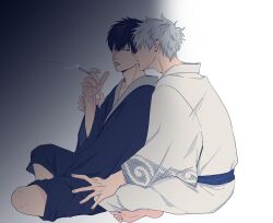 Rule 34 | 2boys, absurdres, barefoot, black hair, black robe, black sash, brown eyes, cigarette, closed mouth, collarbone, covered eyes, fingernails, full body, ghqjyu, gintama, grey hair, hair over eyes, hand on another&#039;s hip, hand on another&#039;s wrist, highres, hijikata toushirou, holding, holding cigarette, indian style, kiss, long sleeves, looking at another, male focus, multiple boys, parted bangs, robe, sakata gintoki, sash, short hair, sitting, smoke, smoke trail, smoking, wide sleeves, yaoi