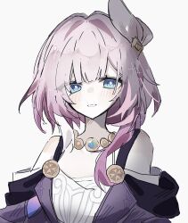 Rule 34 | 1girl, blue eyes, breasts, coat, commentary request, cyrene (honkai: star rail), dress, hair ornament, highres, honkai: star rail, honkai (series), hyb muyuu, jewelry, multicolored hair, necklace, parted lips, pink hair, pink pupils, purple coat, short hair, simple background, small breasts, smile, solo, two-tone hair, upper body, white background, white dress, white hair
