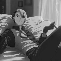 1boy cigar commentary_request divus_crewel greyscale holding holding_cigar indoors lying male_focus monochrome on_back on_bed shirt short_hair smile smoke solo twisted_wonderland very_short_hair vest yuuki_(yukko7474)